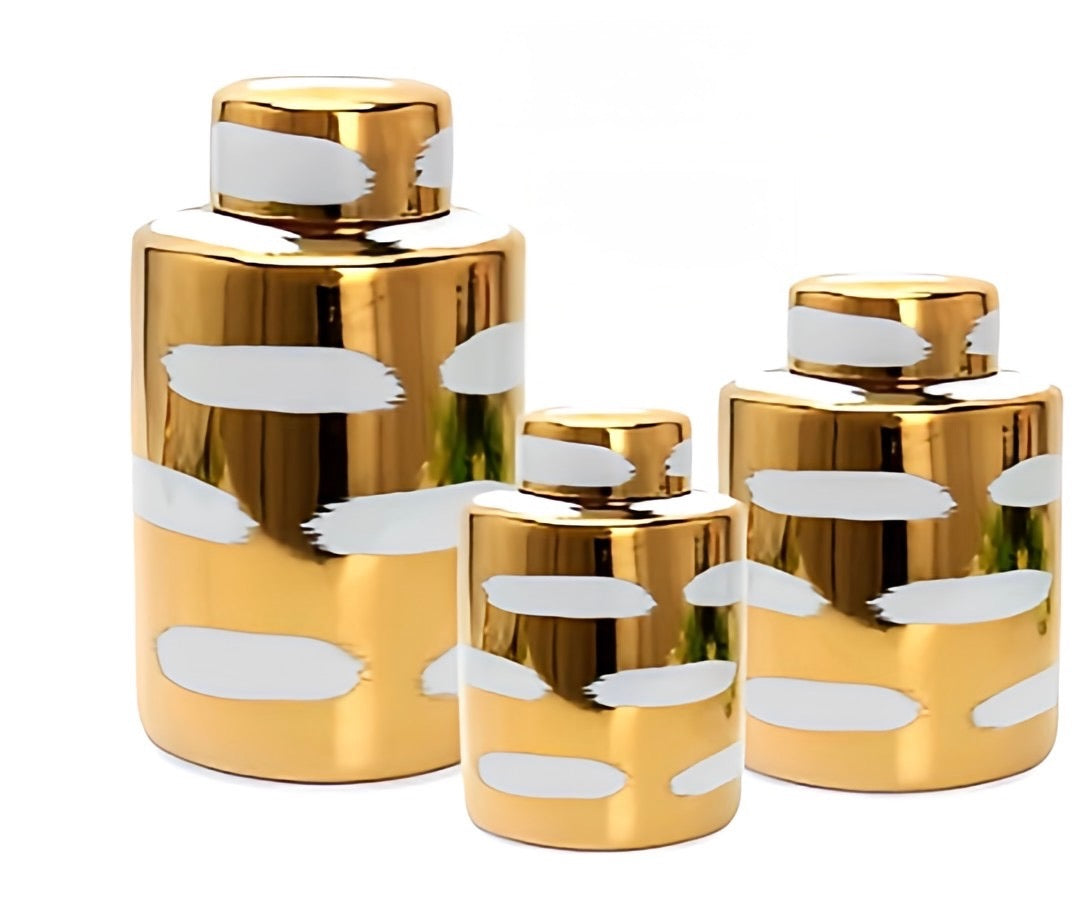 Gold Ceramic Jar Set with White Brush Strokes – Contemporary Chic for Modern Homes