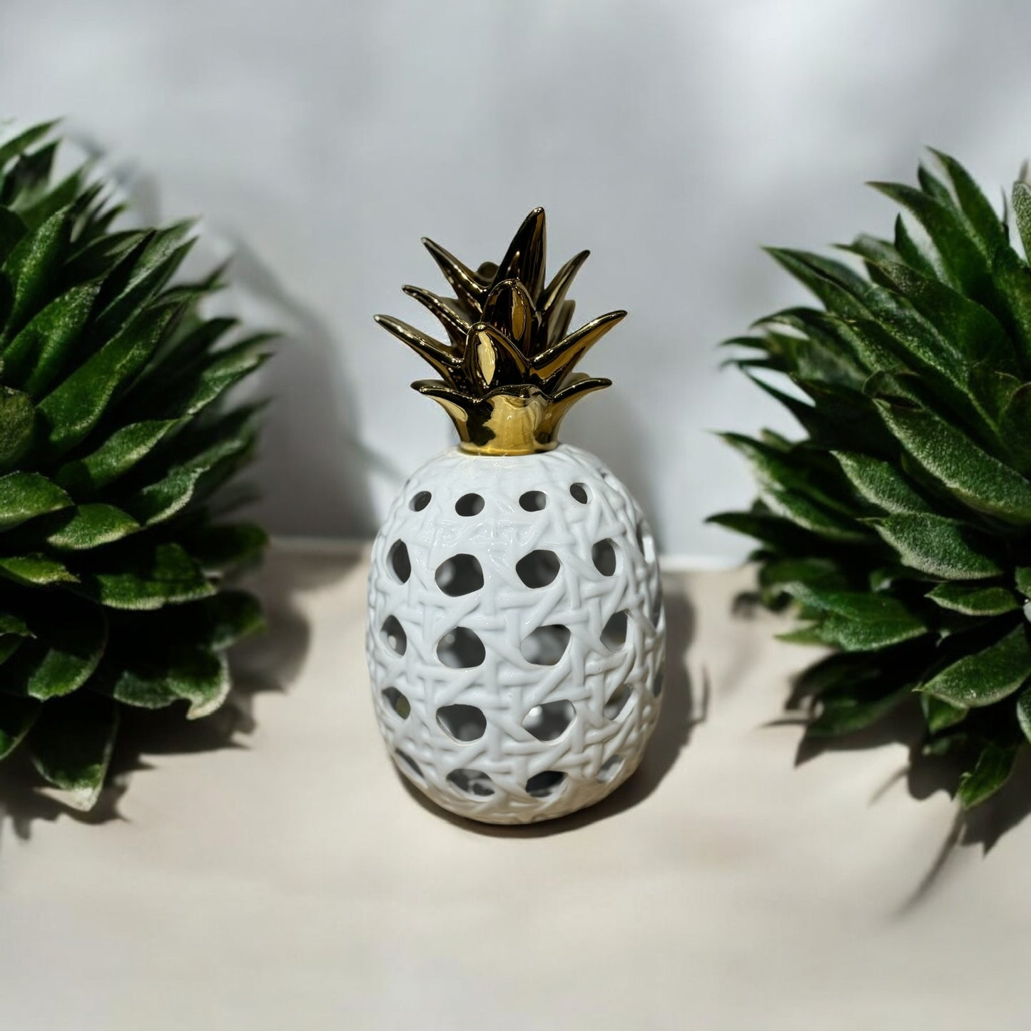 White Ceramic Pineapple with Gold Crown – Decorative Accent for Modern Homes 2 piece