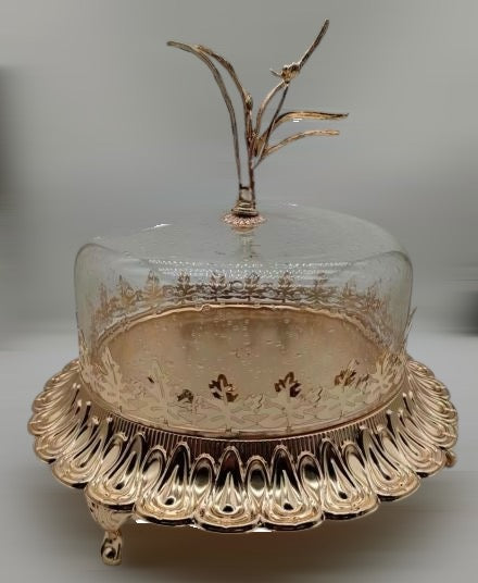 Vintage Gold and Glass Cake Stand with Dome Cover