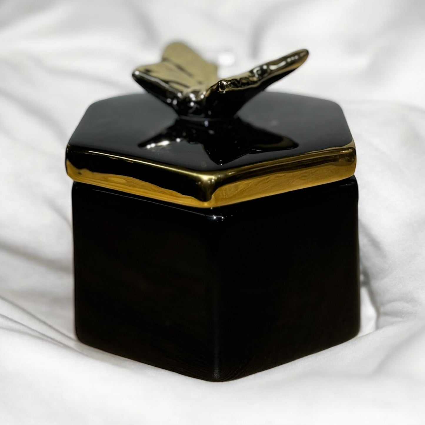 Hexagonal Black and Gold Butterfly Decorative Jar