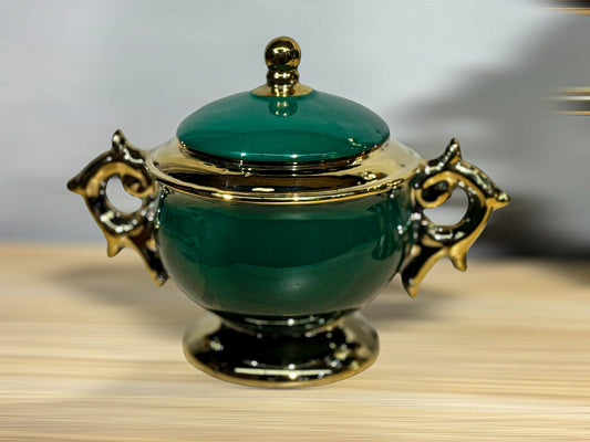 Emerald Green and Gold Ornate Ceramic Sugar Bowl – 2 piece set