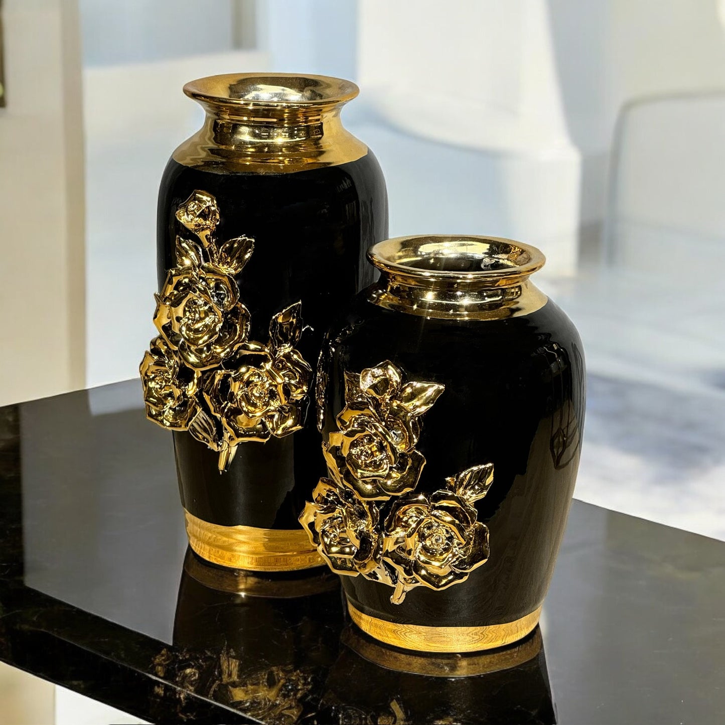 Black and Gold Floral Vases (Set of 2)