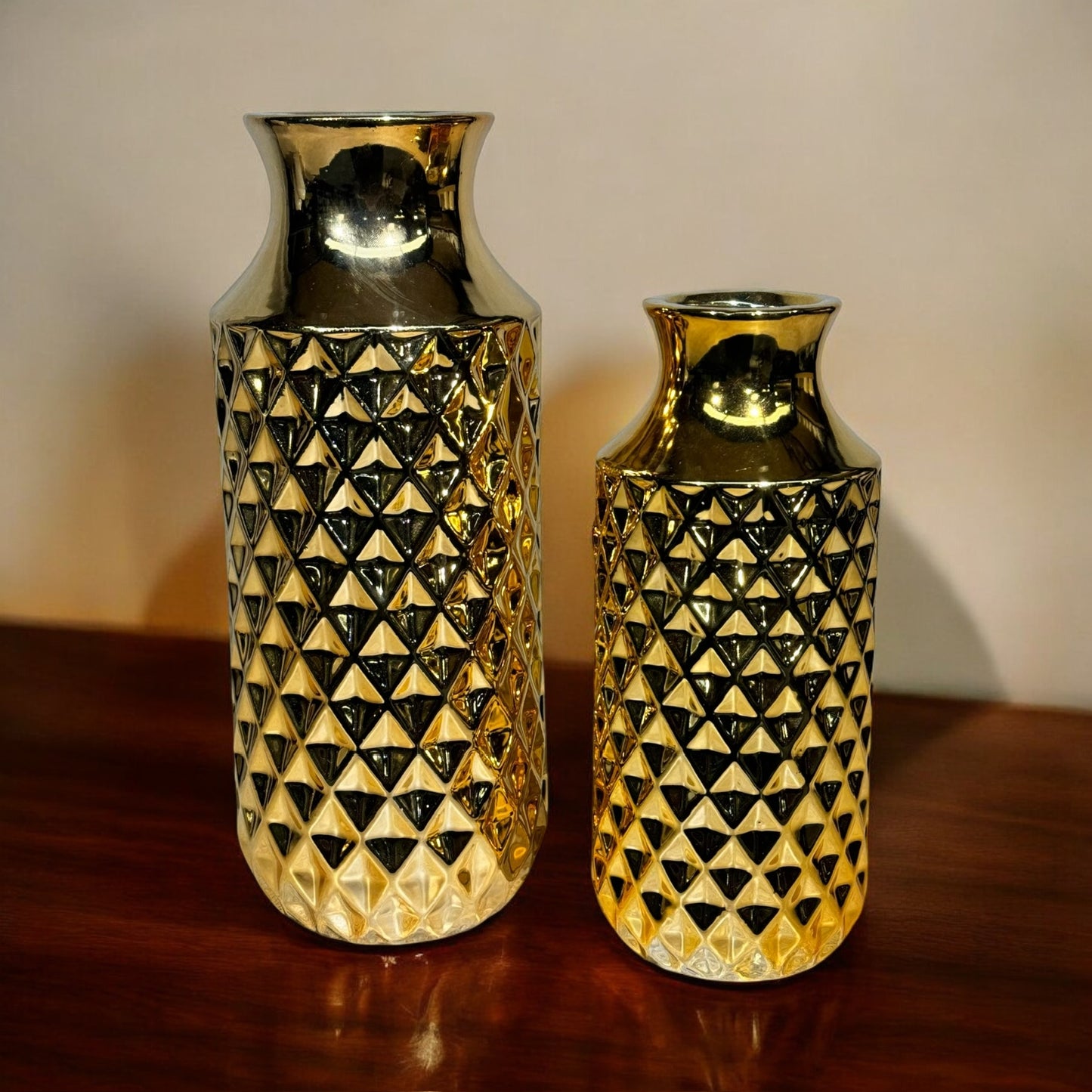 Gold Diamond Pattern Decorative Vases – Set of 2