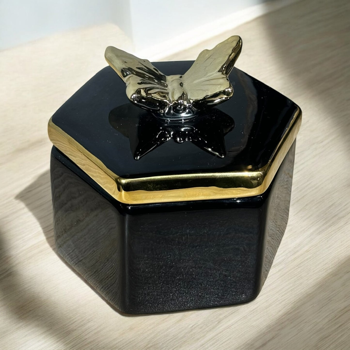 Hexagonal Black and Gold Butterfly Decorative Jar