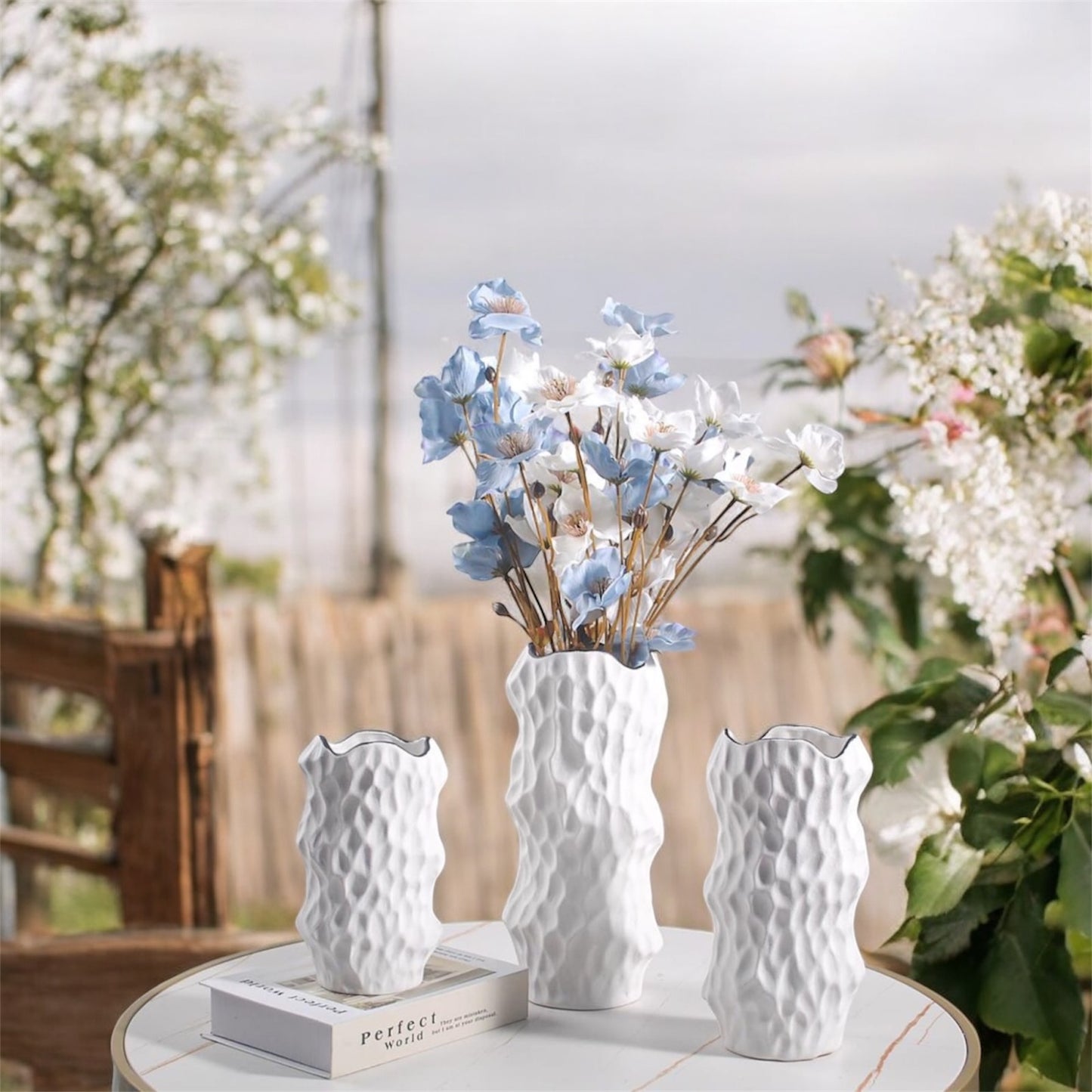 Textured White Ceramic Flower Vases - Set of Three