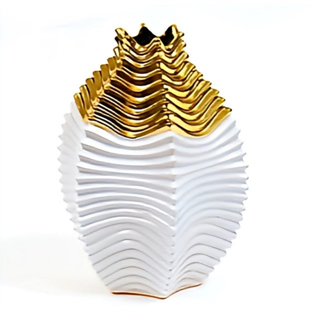 Wave Pattern Ceramic Vase with Gold Accent – Luxe Modern Decor by Home Aura