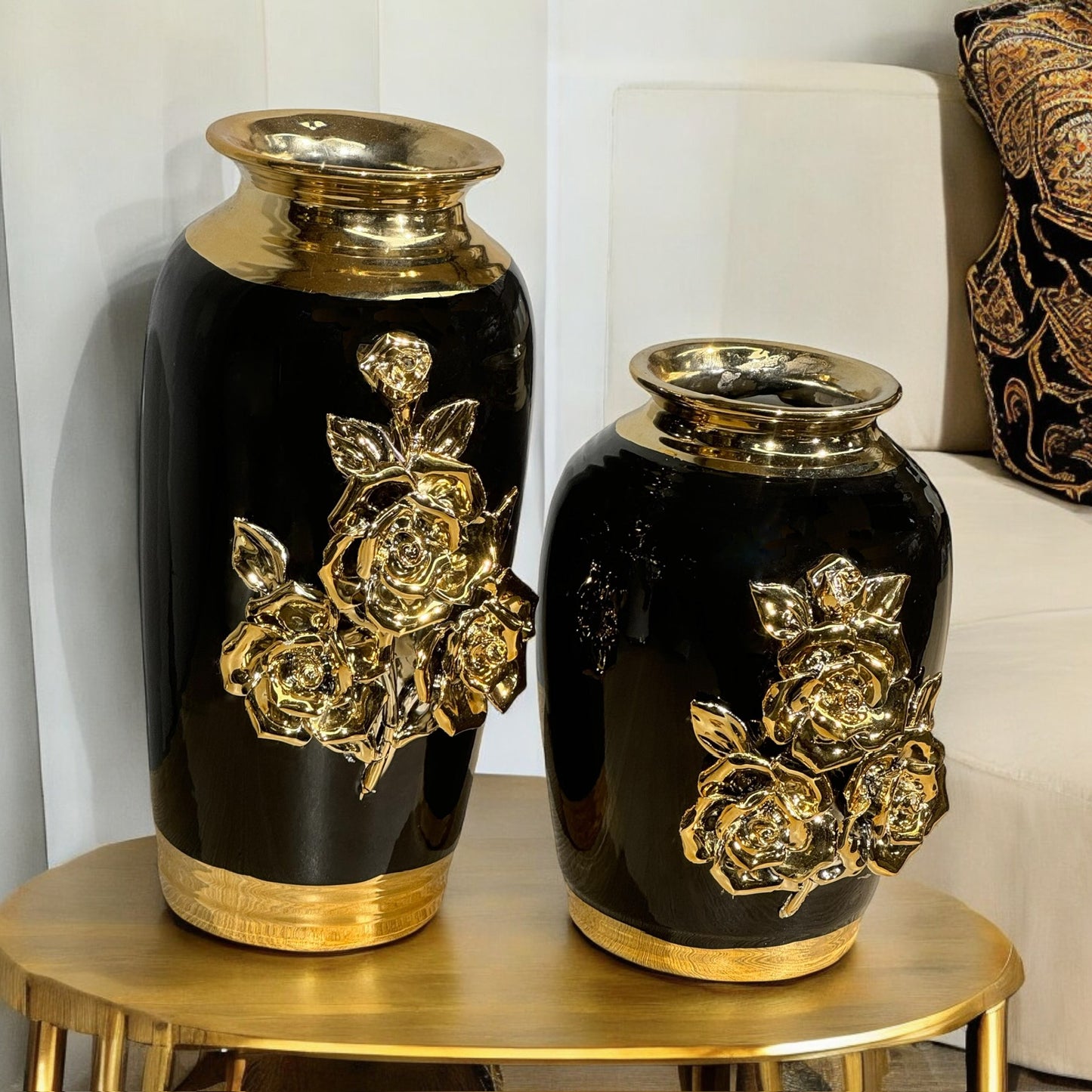 Black and Gold Floral Vases (Set of 2)