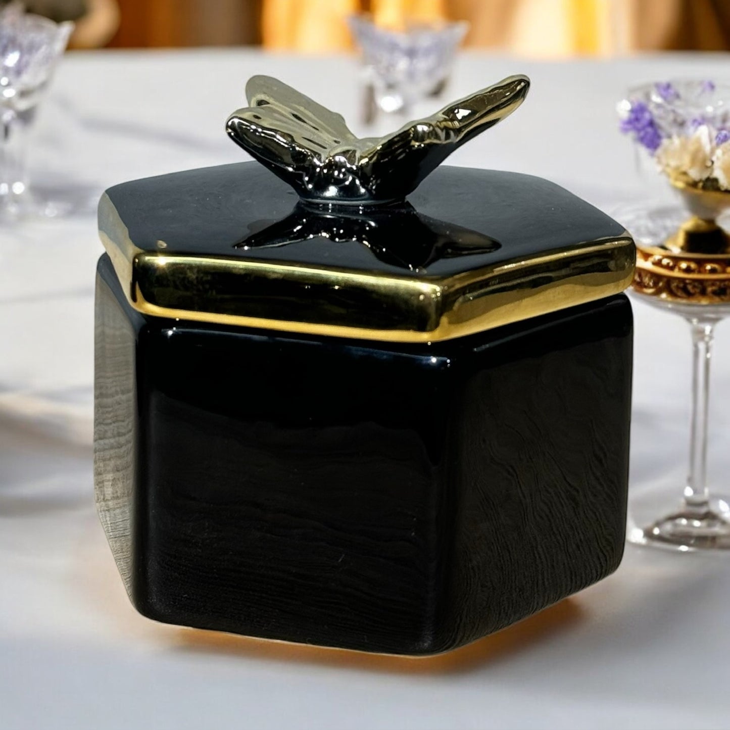 Hexagonal Black and Gold Butterfly Decorative Jar