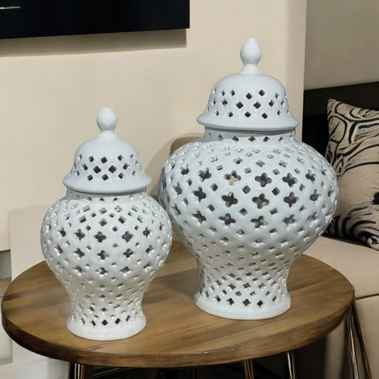 White Perforated Ceramic 3 Jars Set – Timeless Elegance for Classic Home Décor