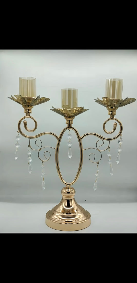 Gold 3-Arm Candle Holder with Crystal Accents – Elegant Decorative Centerpiece