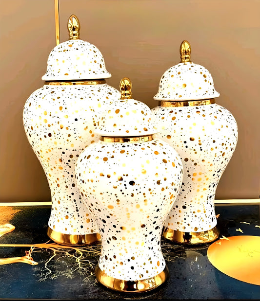 Elegant Ceramic Decorative Jars - White with Gold Accents