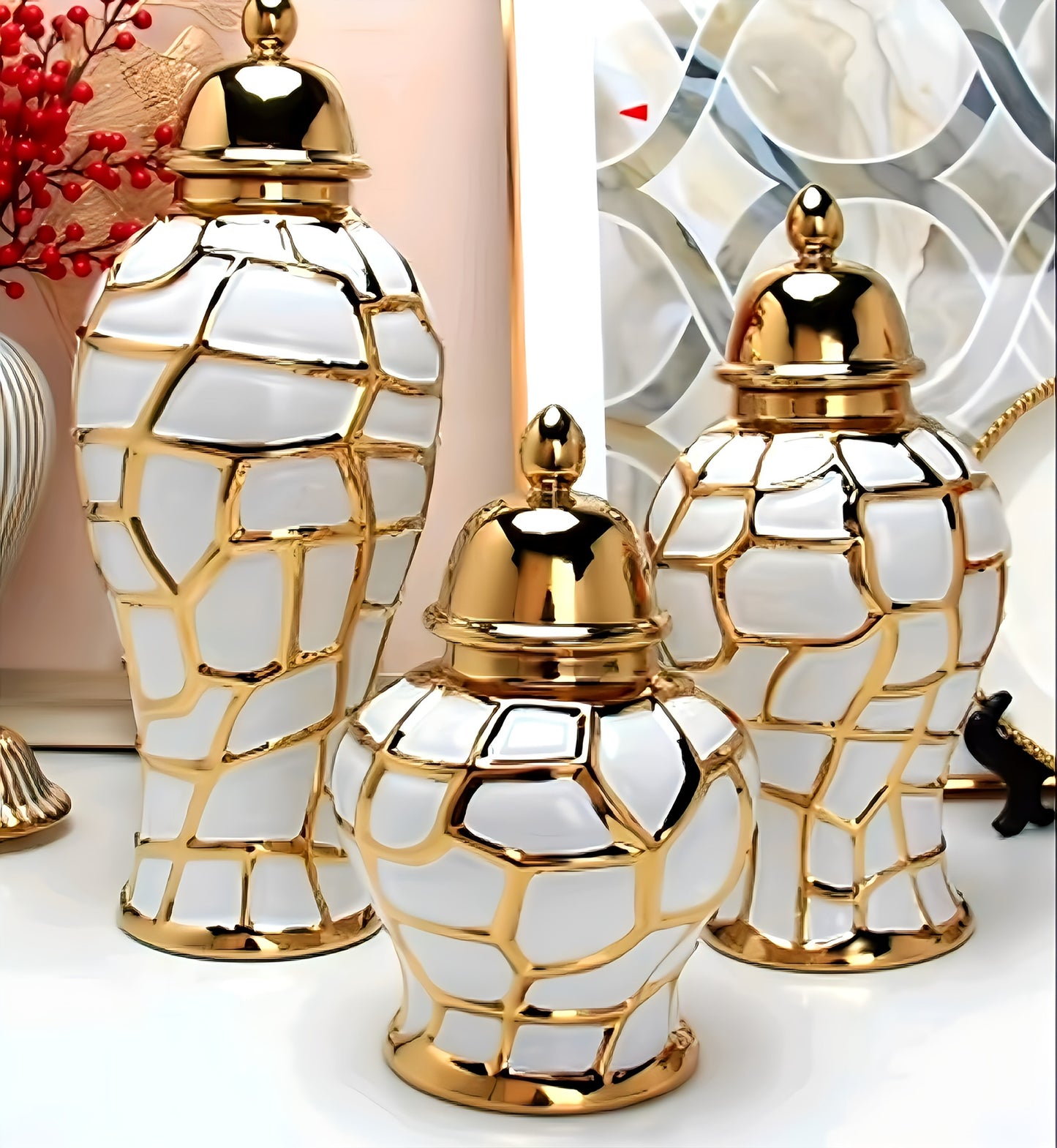 White and Gold Mosaic Ceramic Jar Set – Luxe Home Décor for Elegant Interiors