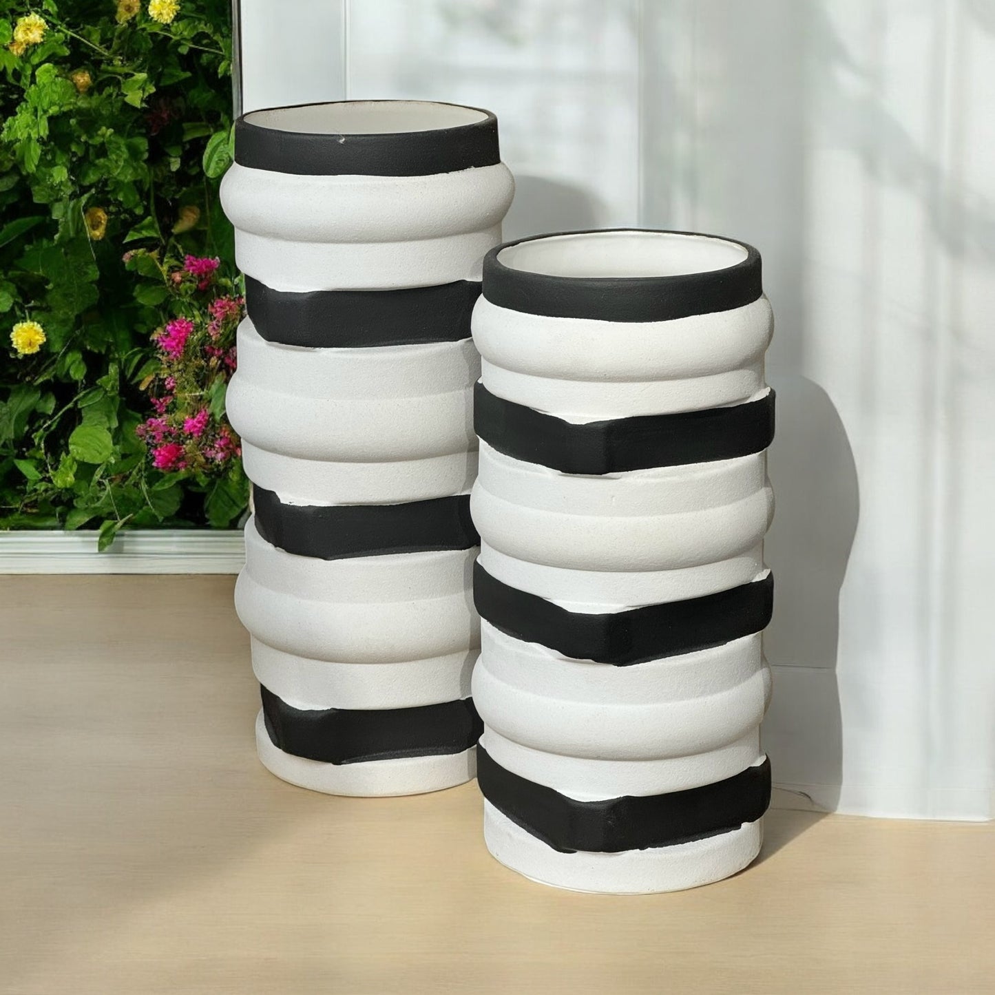 Striped White and Black Textured Ceramic Vases – Set of 2