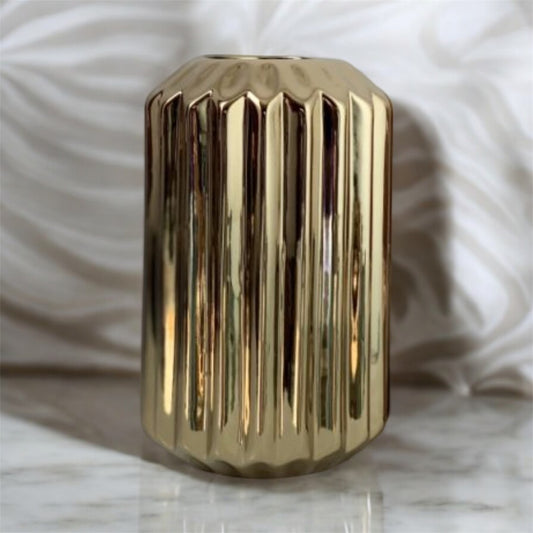 Gold Ceramic Ribbed Vase - Modern Decorative Accent