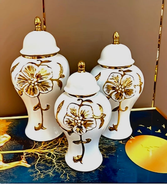 Floral Gold and White Ceramic Jar Set – Elegant Decorative Jars for Classic Interiors