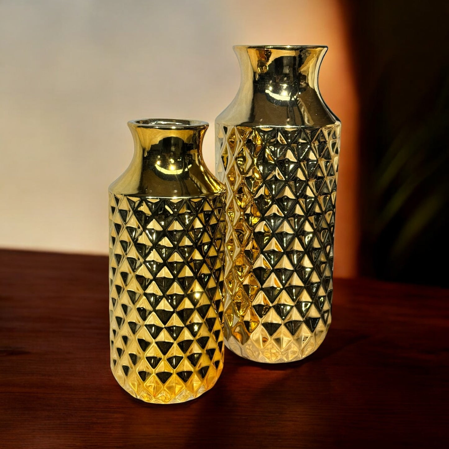 Gold Diamond Pattern Decorative Vases – Set of 2