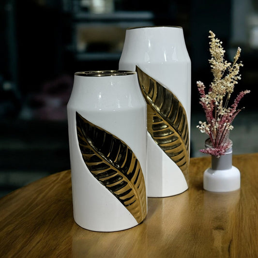 White and Gold Leaf Accent Vases – Set of 2