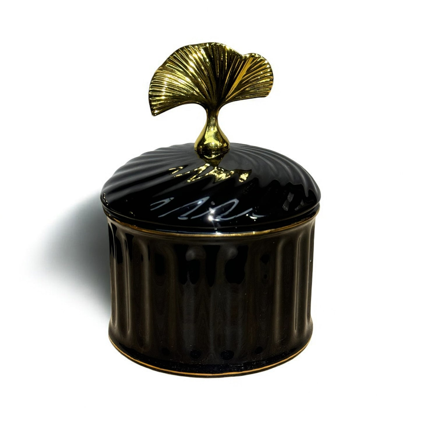 Black and Gold Decorative Jar with Leaf Handle