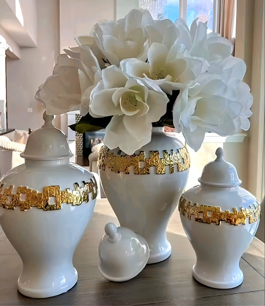 White and Gold Accent Ceramic Decorative Jars