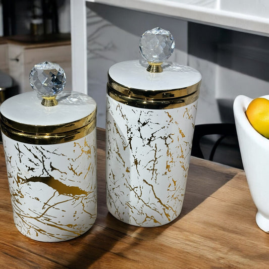 White and Gold Marble Jars with Crystal Knob (Set of 2)