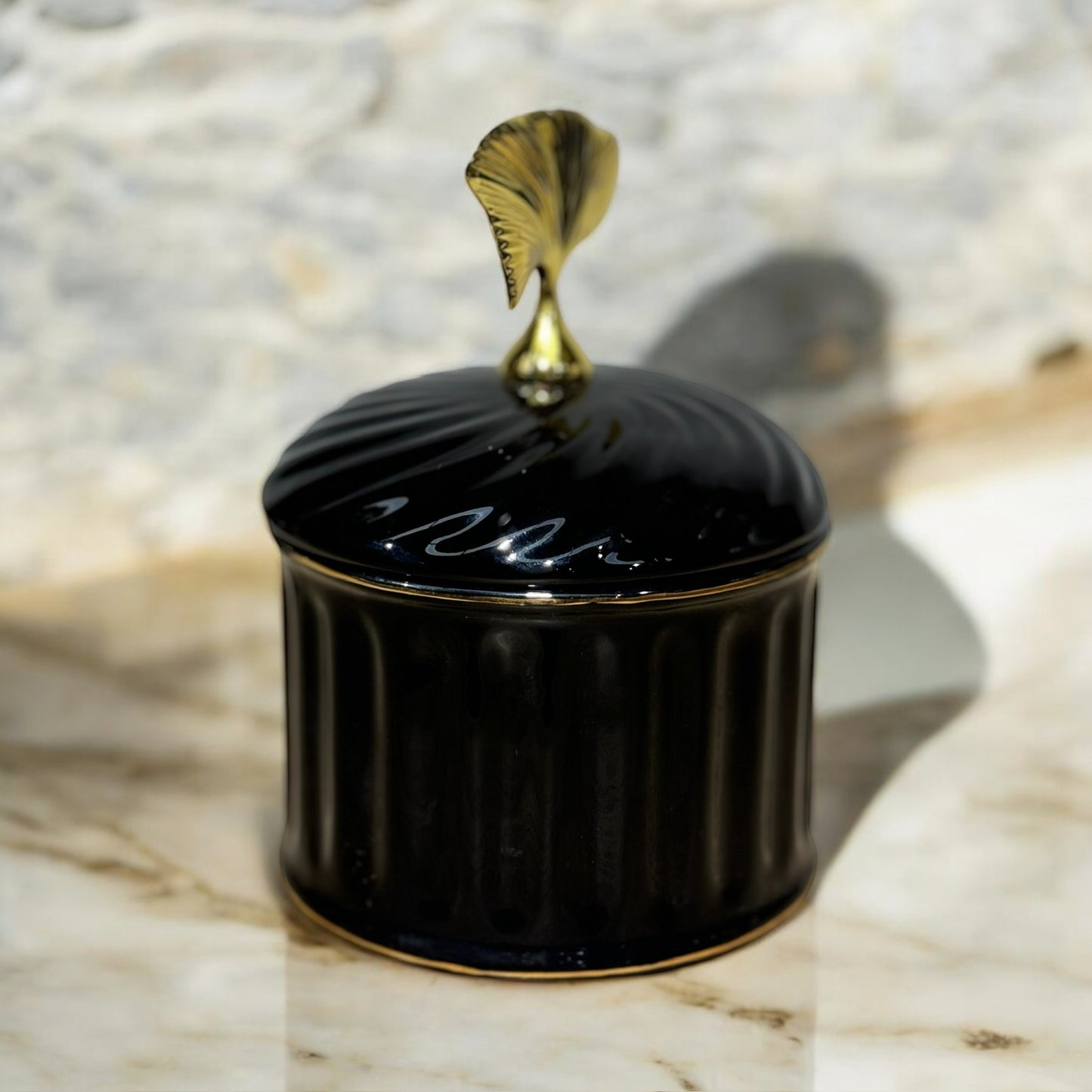 Black and Gold Decorative Jar with Leaf Handle