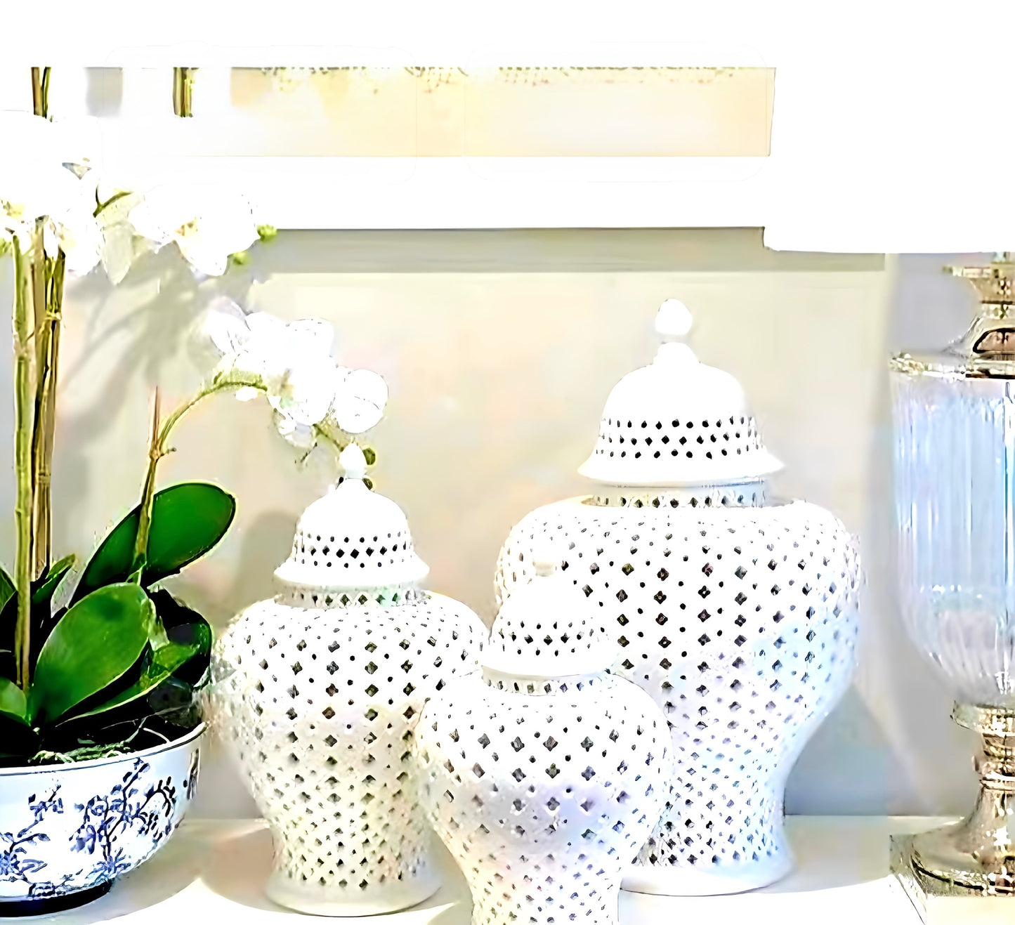 White Perforated Ceramic 3 Jars Set – Timeless Elegance for Classic Home Décor