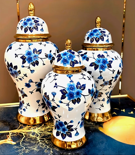 Blue Floral Ceramic Jar Set with Gold Accents – Timeless Elegance for Your Home