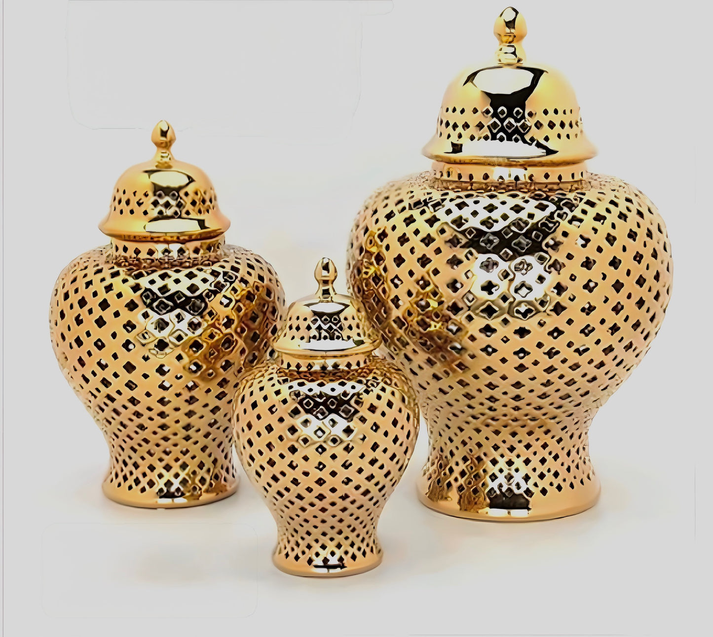 Golden Perforated Ceramic Jar Set – Exquisite Artisanal Décor for Luxury Interiors