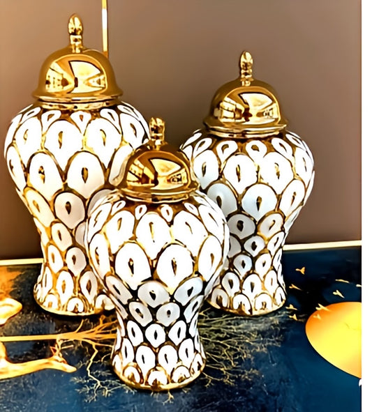 Gold and White Ceramic Jar Set – Unique Mosaic Design for Luxurious Décor