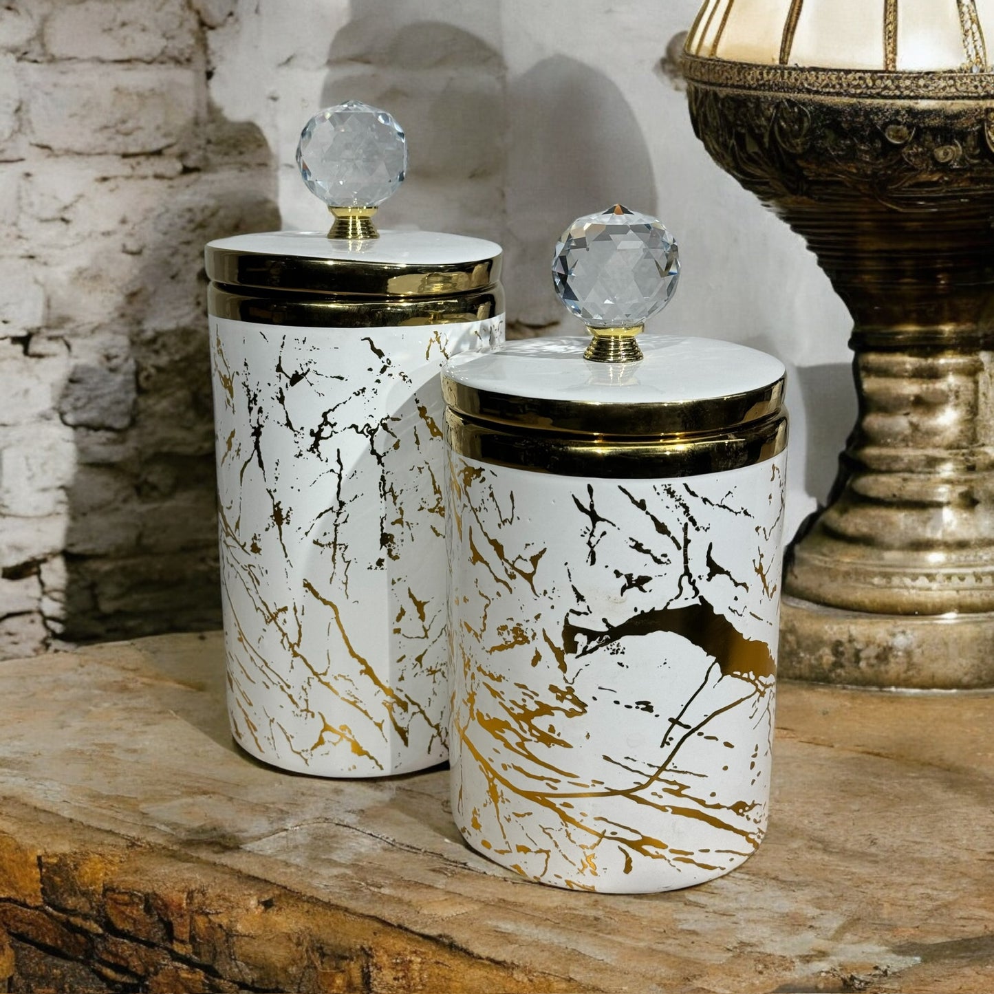 White and Gold Marble Jars with Crystal Knob (Set of 2)