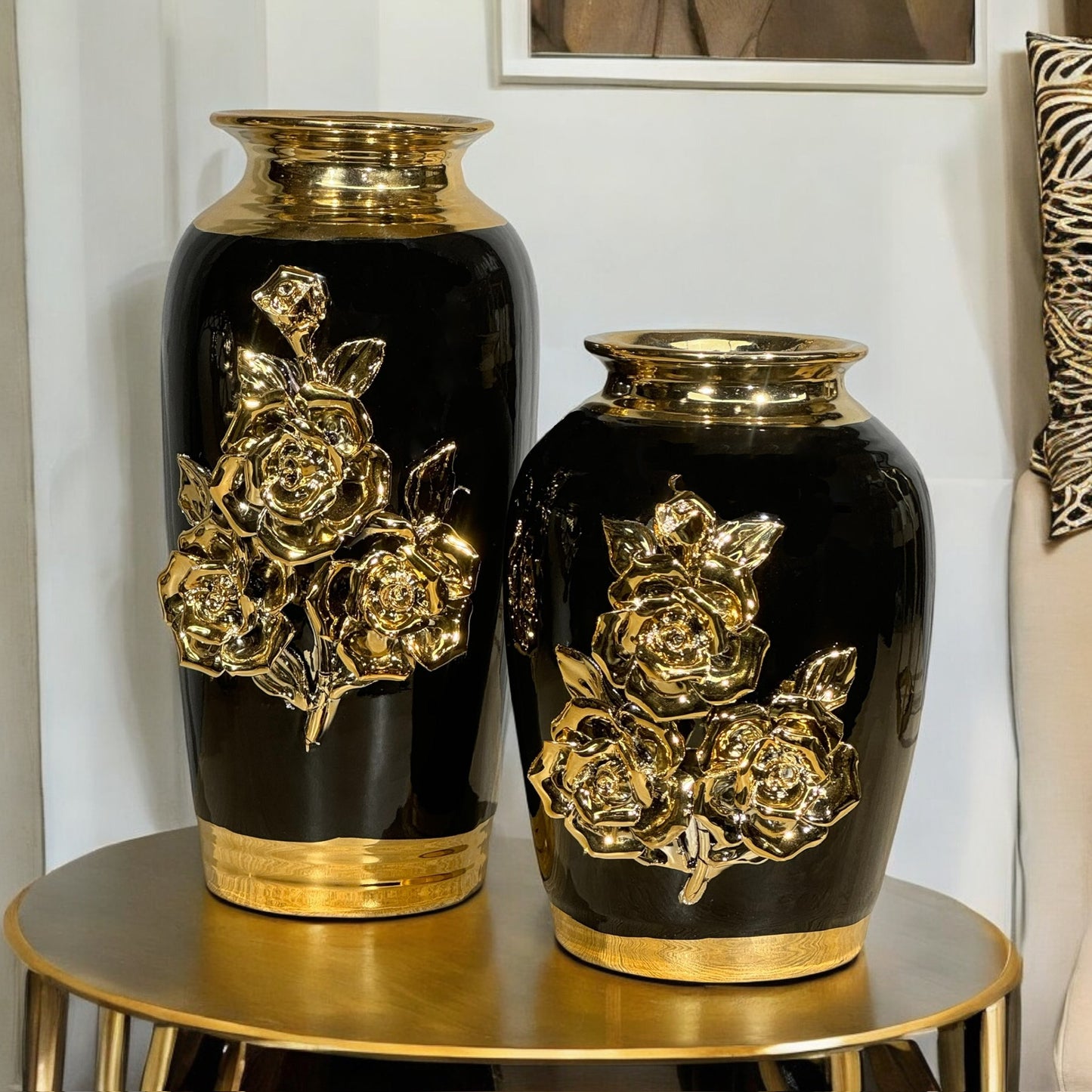 Black and Gold Floral Vases (Set of 2)