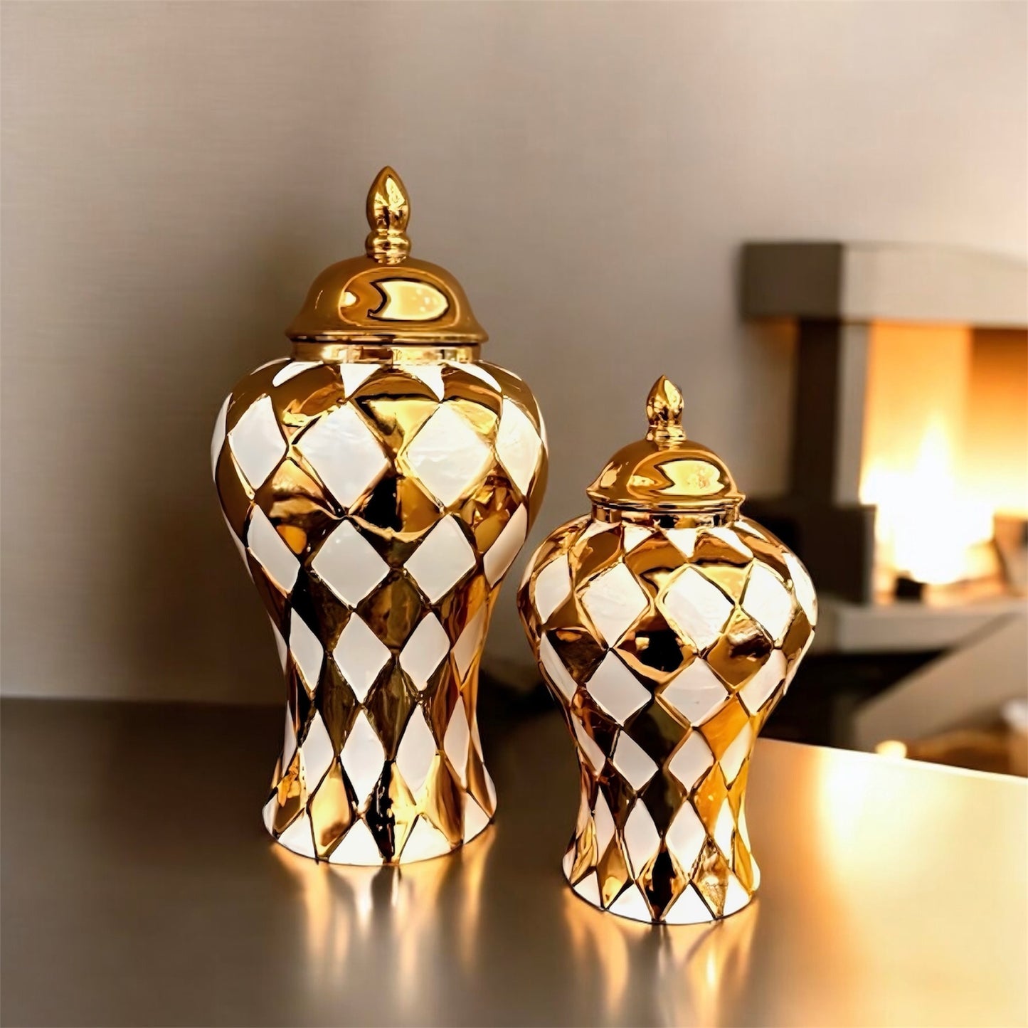 Gold and White Diamond Pattern Ceramic Decorative Jars