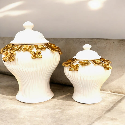 White Floral Embellished Ceramic Decorative Jars